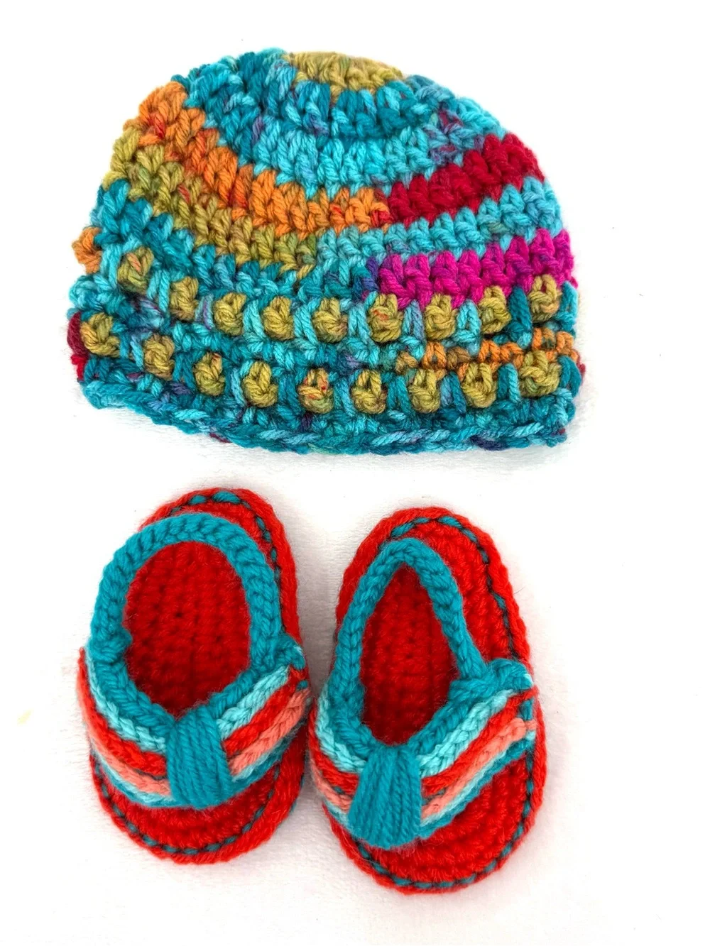 Handmade Crochet Newborn Hat & Thong Style Sandals Set - Colorful Boho Baby Gift